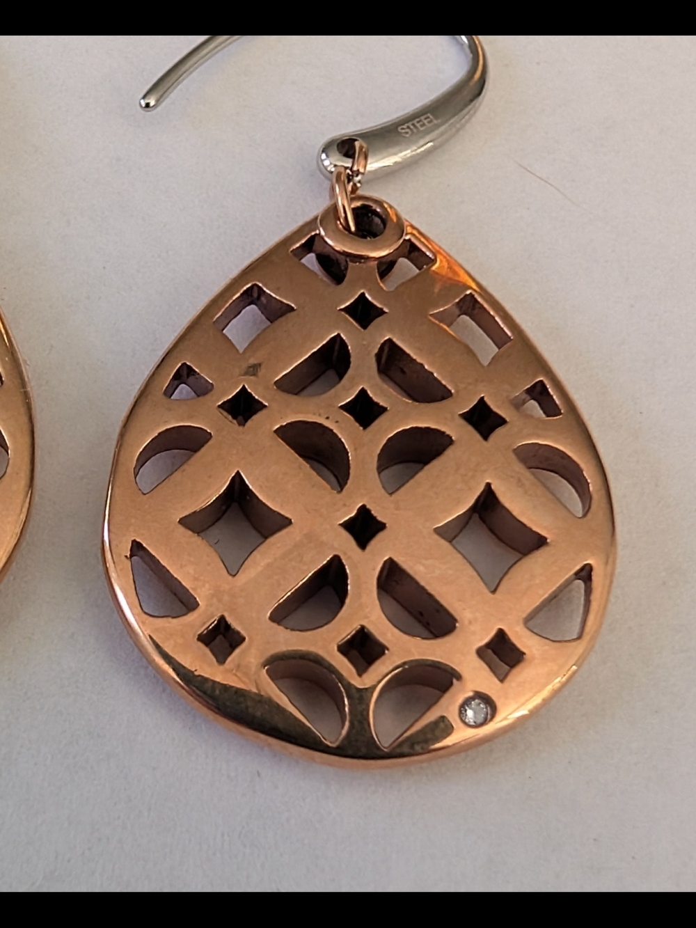 Fossil Rose Gold Teardrop Filigree Dangle Earrings With Rhinestone